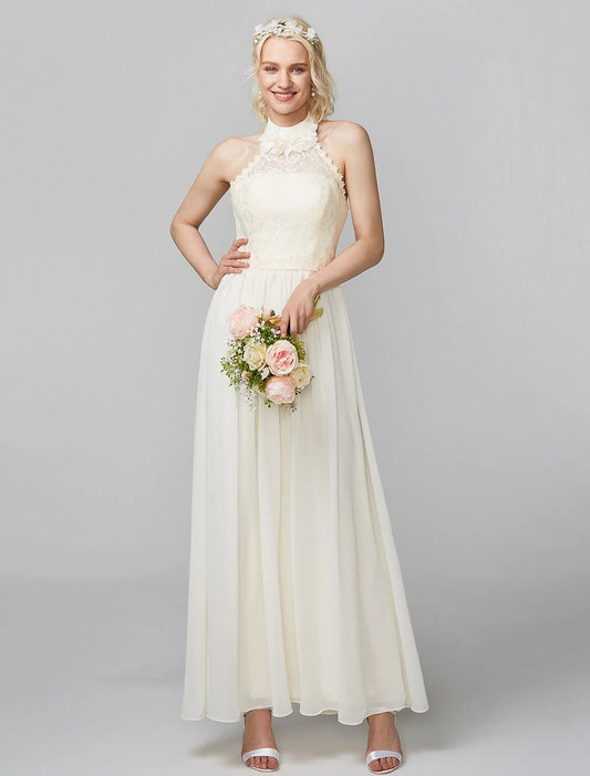 Sheath / Column High Neck Floor Length Chiffon / Lace Bodice Bridesmaid Dress with Sash / Ribbon / Pleats