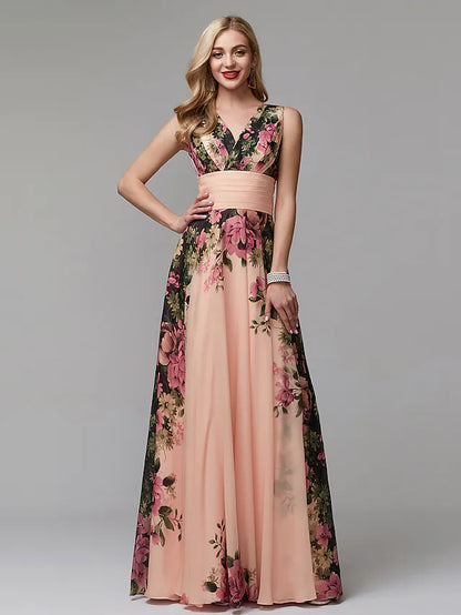 A-Line Floral Dress Holiday Floor Length Sleeveless V Neck Chiffon with Pattern / Print