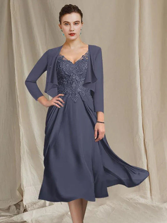 A-Line Mother of the Bride Dress Plus Size Elegant V Neck Tea Length Chiffon Lace Short Sleeve Wrap Included with Appliques