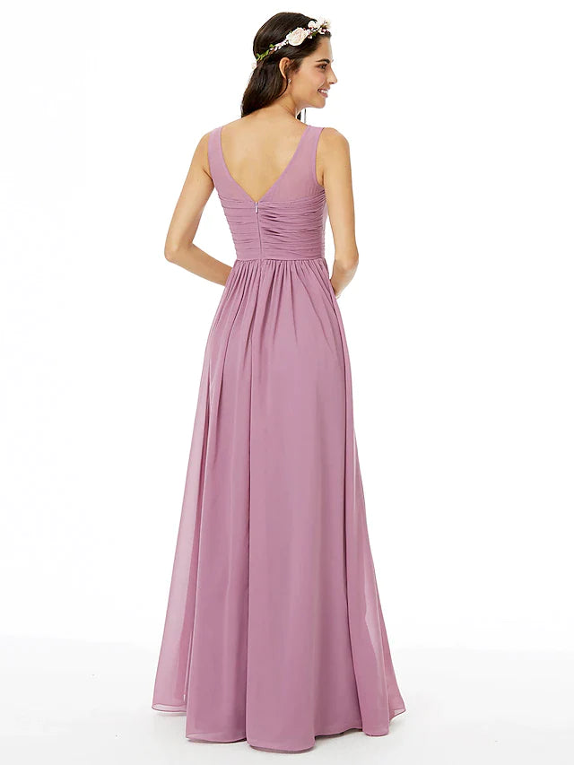 A-Line Bridesmaid Dress Jewel Neck Sleeveless Open Back Floor Length Chiffon with Sash / Ribbon / Pleats / Ruched