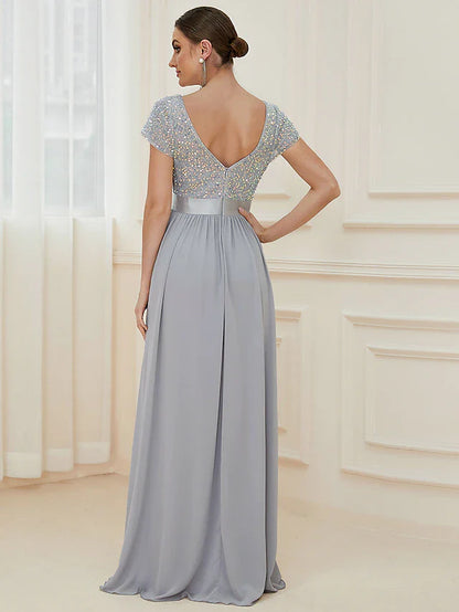 A-Line Bridesmaid Dress V Neck Short Sleeve Elegant Floor Length Chiffon with Solid Color