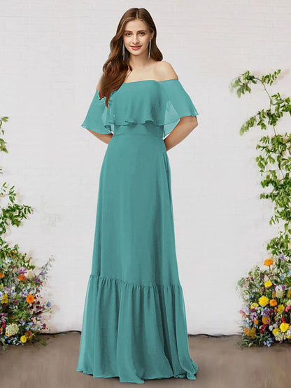 A-Line Bridesmaid Dress Off Shoulder Sleeveless Elegant Floor Length Chiffon with Ruffles