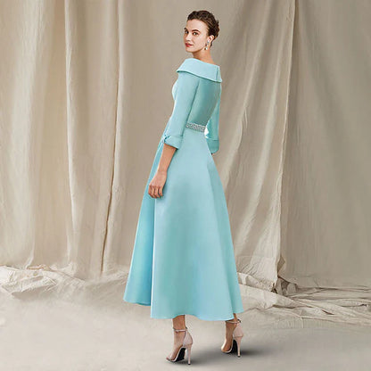 A-Line Mother of the Bride Dress Wedding Guest Luxurious Elegant Bateau Neck Ankle Length Satin 3/4 Length Sleeve with Sash / Ribbon Bow(s) Beading