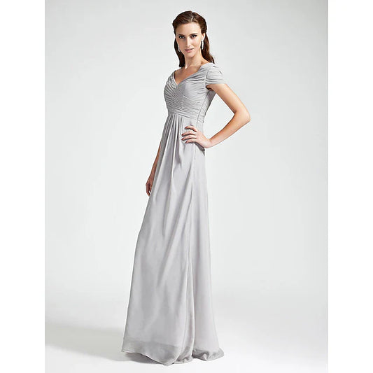 Sheath / Column Bridesmaid Dress V Neck / Off Shoulder Short Sleeve Open Back Floor Length Chiffon with Criss Cross / Draping