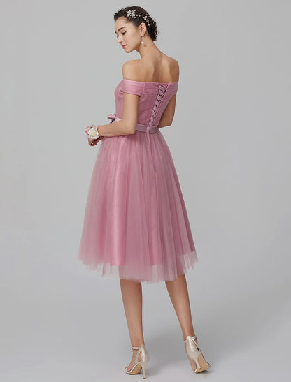 A-Line Off Shoulder Knee Length Tulle Bridesmaid Dress with Sash / Ribbon / Side Draping