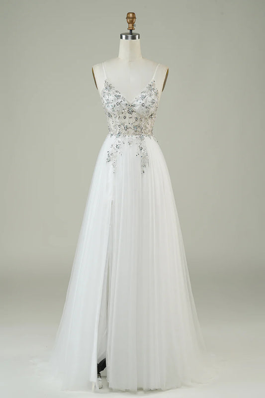 A Line Spaghetti Straps V Neck White Tulle Long Wedding Dress with Beading