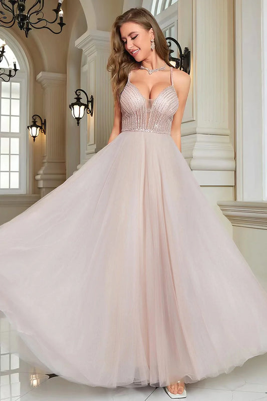 A-Line Spaghetti Straps V Neck Sparkly Blush Beaded Long Formal Dress