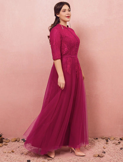 A-Line Chinese Style Plus Size Engagement Formal Evening Dress High Neck Half Sleeve Floor Length Lace with Buttons