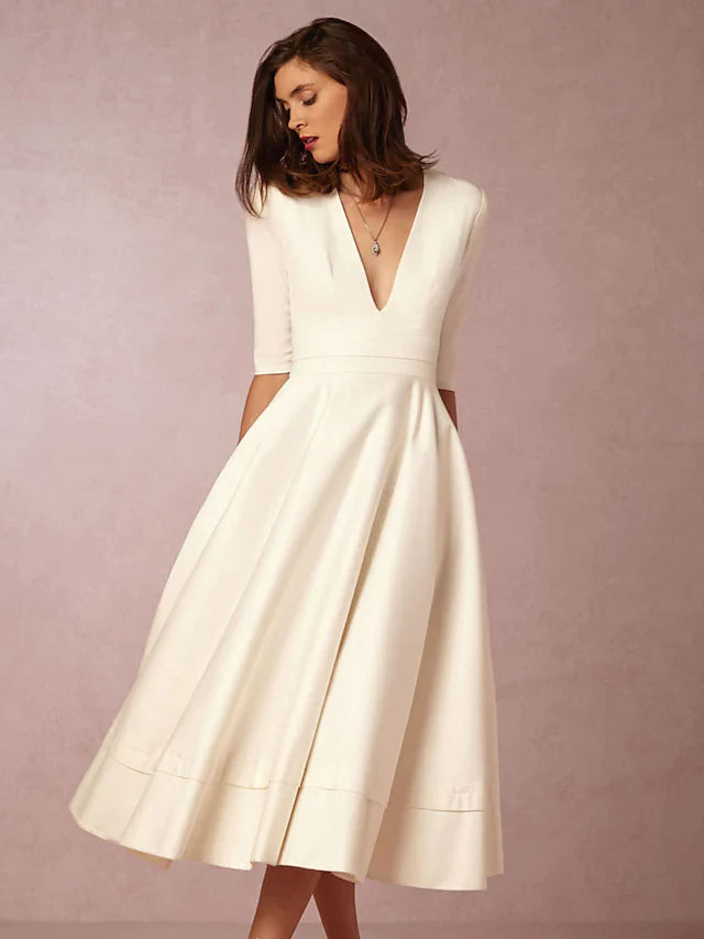 A-Line Special Occasion Dresses Party Dress Holiday Tea Length Half Sleeve V Neck Pocket Jersey with Pleats