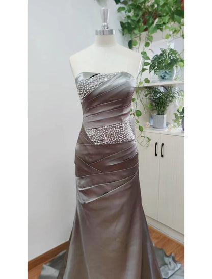 Sheath Mermaid Formal Evening Dress Strapless Wedding Guest Sleeveless Brush Train Satin Prom Dress with Crystals