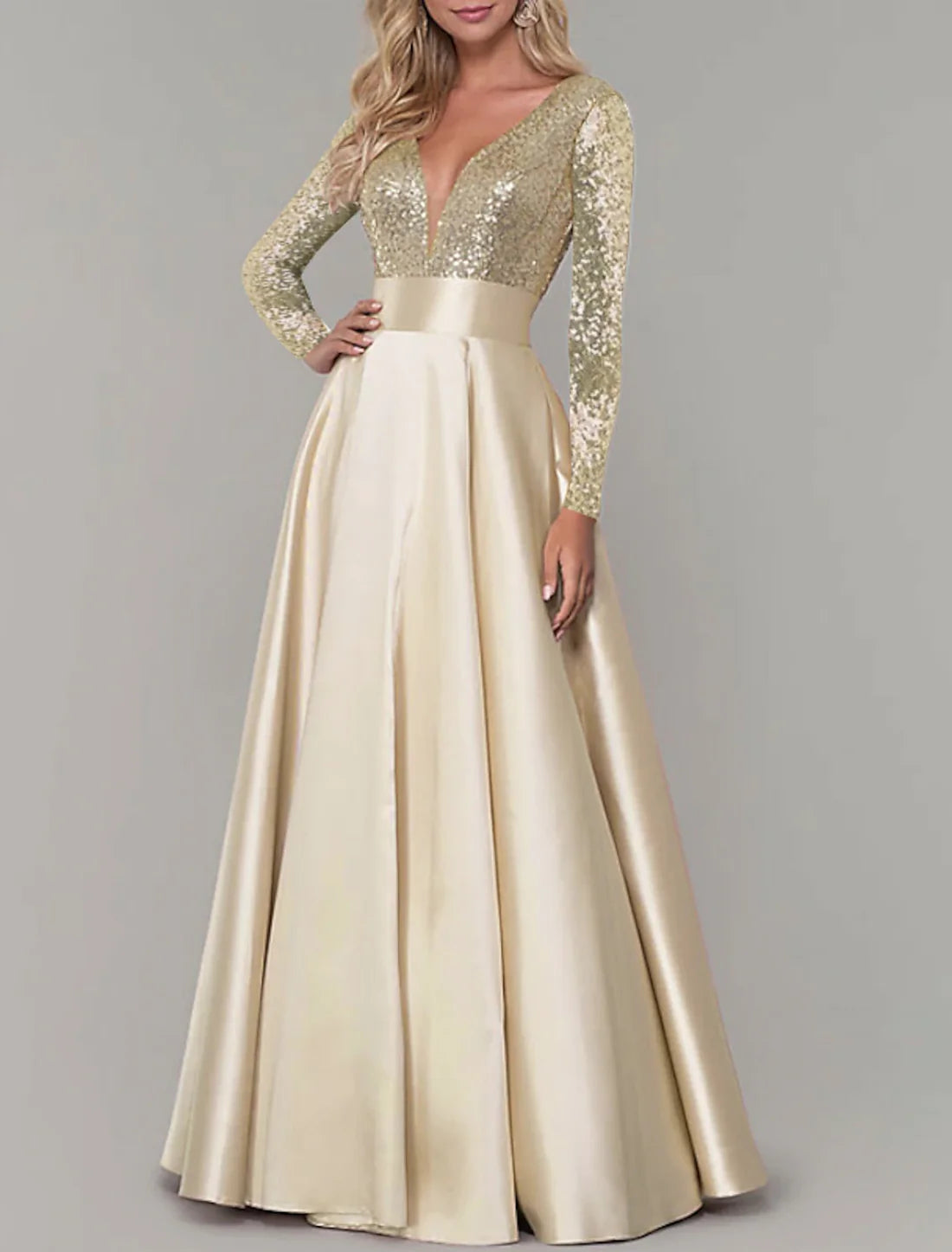 Evening Gown Glitter Sparking Dress Floor Length Long Sleeve V Neck Satin with Pleats Sequins