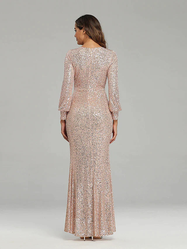 Mermaid / Trumpet Evening Gown Sparkle Dress Party Wear Floor Length Long Sleeve V Neck Sequined with Sequin